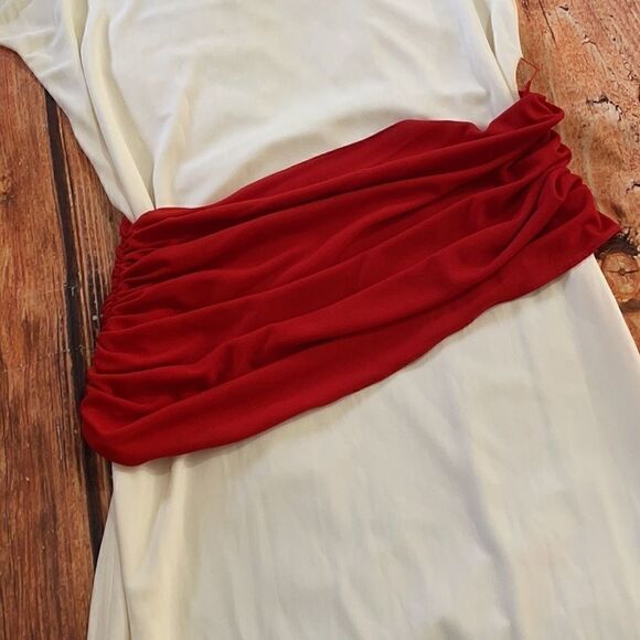 Jackie Rogers Grecian Style Cream maxi Dress, red waist band, neck tie, Medium - Picture 11 of 13